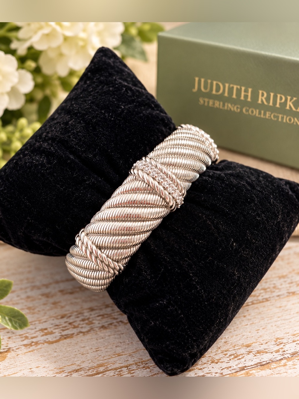 Judith Ripka Sterling Silver Diamonique Wide Cable Twist Hinged Cuff Bracelet